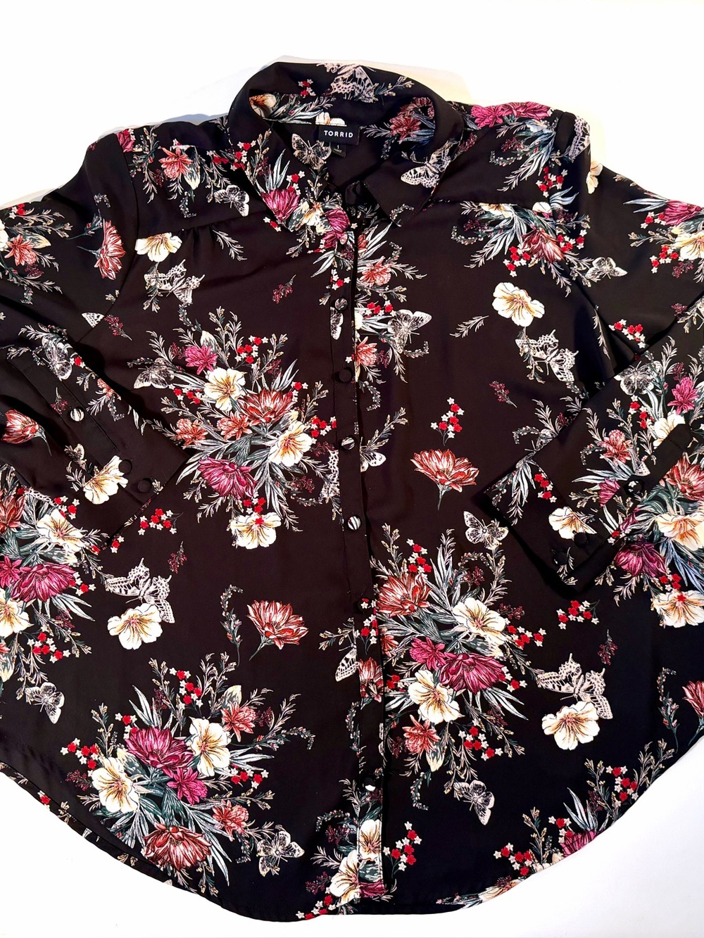 Torrid Women’s 1 14-16  Floral Butterfly Button Down Chiffon Tunic Blouse Shirt